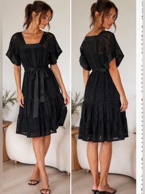 Lover Black Cotton Lace Babydoll Dress Silk Lined Square Neck Belted Size 2